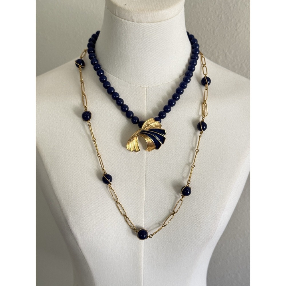 Vintage Navy Blue Bead Necklace Gold Tone Enamel Fan Slider Mixed Lot Avon
